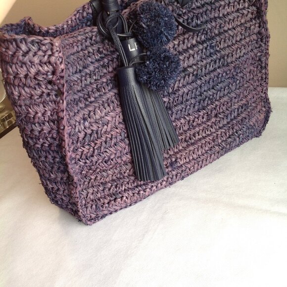 Loeffler Randall Blue Purple Ombre Straw Travel Tote Bag w/ Tassels - Picture 9 of 16